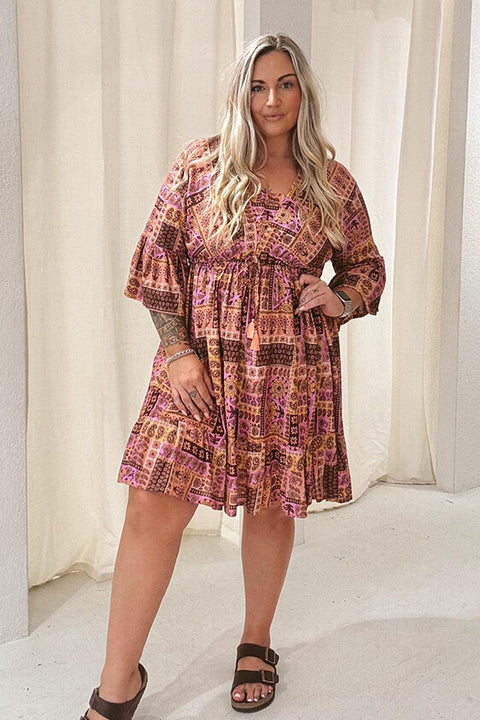 Summer Brunch Tunic Dress - Patchwork Lilac/Peach