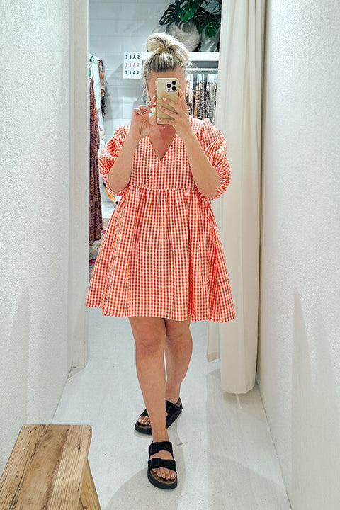 Gingham Puff Sleeve Smock Dress - Orange Gingham