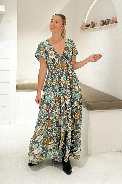 Grove Flutter Sleeve Maxi - Navy Dahlia Bloom