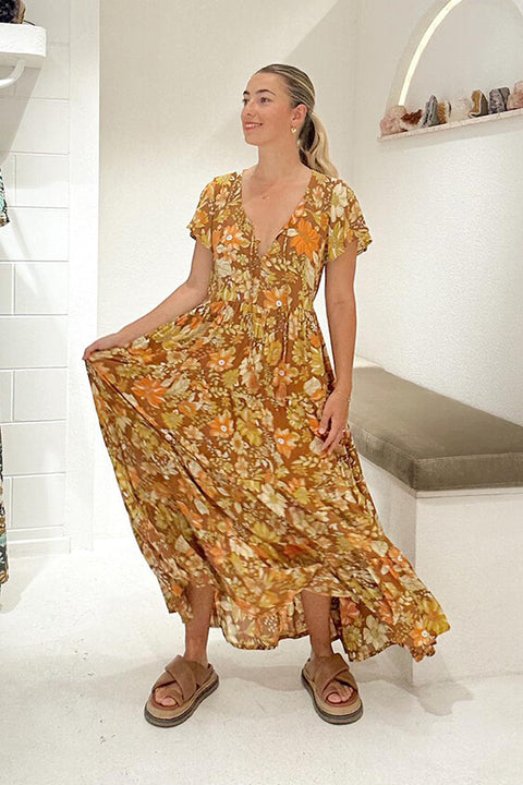 Grove Flutter Sleeve Maxi - Rust Dahlia Bloom