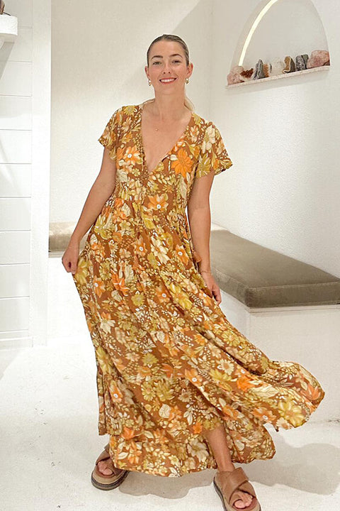 Grove Flutter Sleeve Maxi - Rust Dahlia Bloom