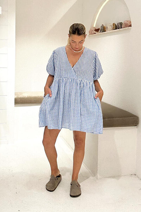 Gingham Puff Sleeve Smock Dress - Blue Gingham