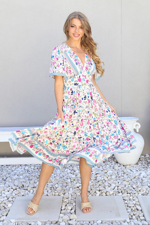 Garden Party Midi Dress - Pink/Blue