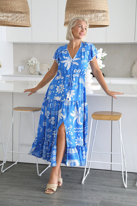 Pom Pom Sleeve Flutter Maxi Dress - Santorini