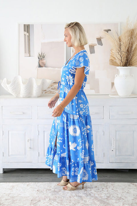 Pom Pom Sleeve Flutter Maxi Dress - Santorini