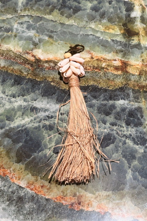 Small Raffia Tassel and Cowrie Cluster Keyring