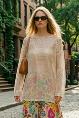 Gilded Hour Mesh Sequin Long Sleeve Top - Beige