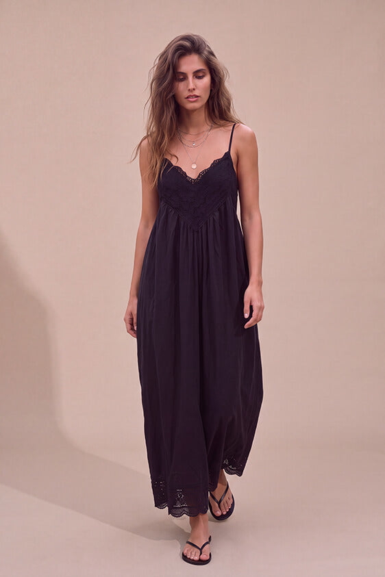 Lace Trim Maxi Dress - Black