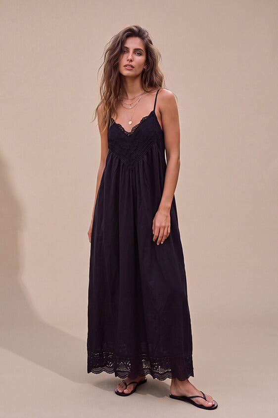 Lace Trim Maxi Dress - Black