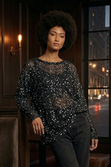 Gilded Hour Mesh Long Sleeve Sequin - Black