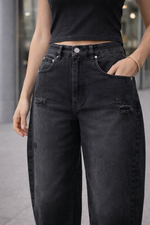 Acid Washed Barrel Jeans - Black