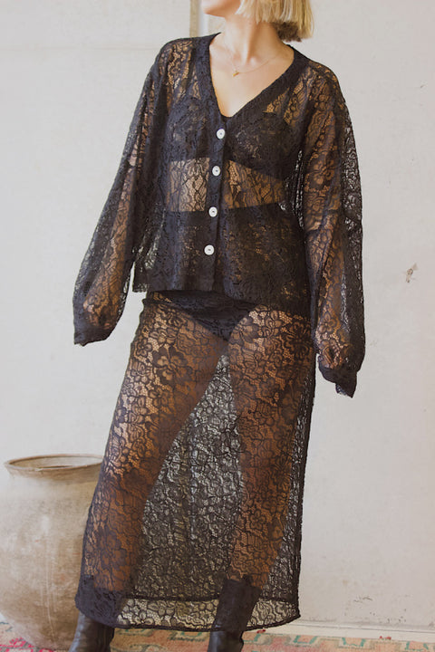 Maggie Long Sleeve Crop - Black Lace