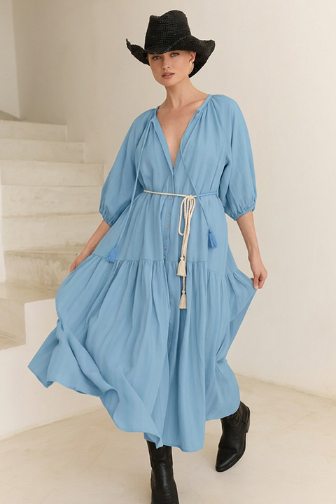 Midi Smock Dress - Blue Linen