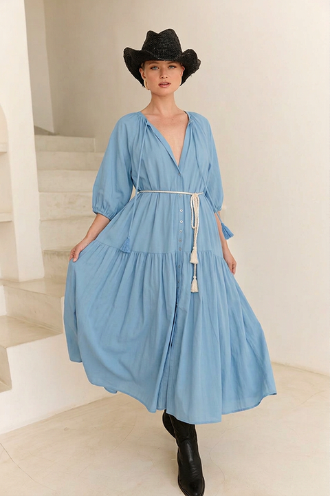 Midi Smock Dress - Blue Linen