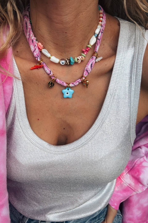 Bohemian pink bandana scarf charm necklace