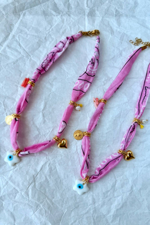 Bohemian pink bandana scarf charm necklace