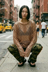 Gilded Hour Mesh Sequin Long Sleeve Top - Mocha