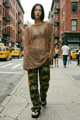 Gilded Hour Mesh Sequin Long Sleeve Top - Mocha