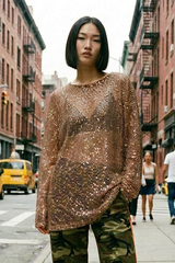 Gilded Hour Mesh Sequin Long Sleeve Top - Mocha