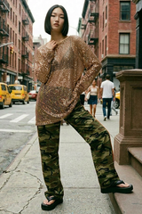 Gilded Hour Mesh Sequin Long Sleeve Top - Mocha