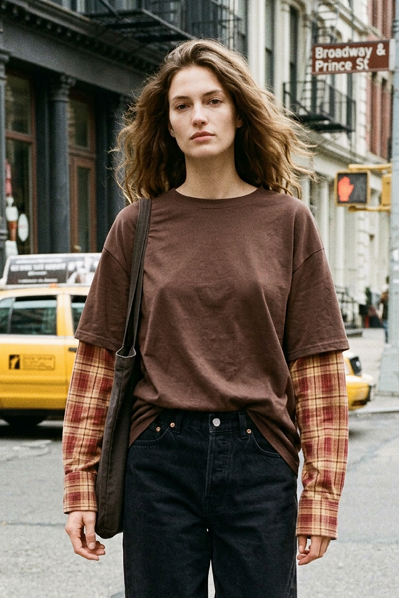 Rustwood Layer Tee — Chocolate/Rust Flannel