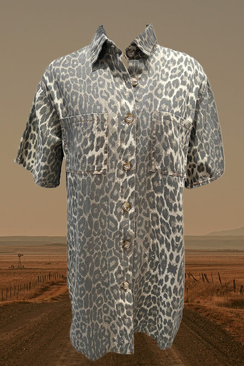 Denim Mini Shirt Dress - Leopard