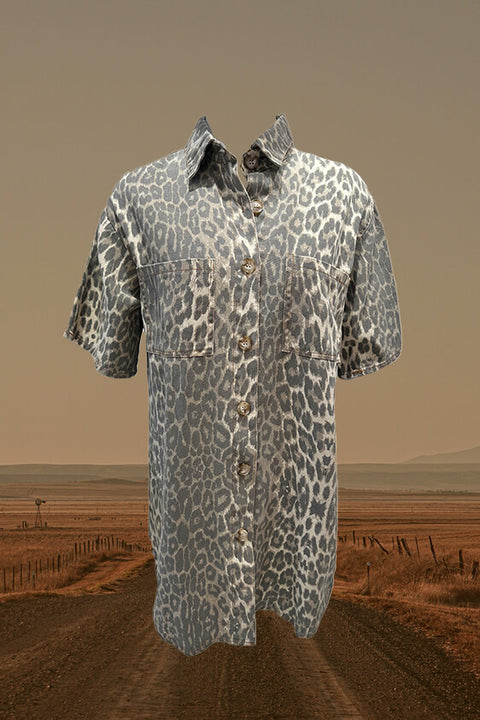 Denim Mini Shirt Dress - Leopard