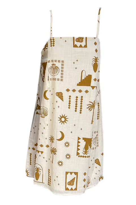 Shell Palm Linen Mini Dress - Beige/Tan