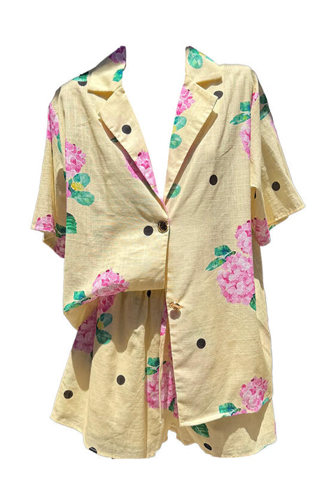 Polka Dot Hydrangra Short Set - Yellow