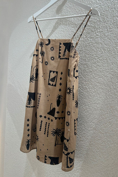 Shell Palm Linen Mini Dress - Brown/Black