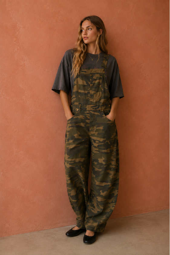 Camo Barrel-Leg Overalls