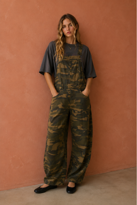 Camo Barrel-Leg Overalls