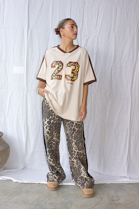 Black Racer Stripe Denim Leopard Pants