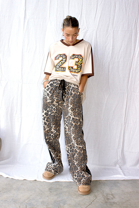 Black Racer Stripe Denim Leopard Pants