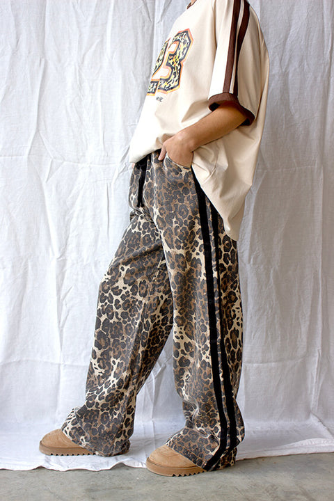 Black Racer Stripe Denim Leopard Pants