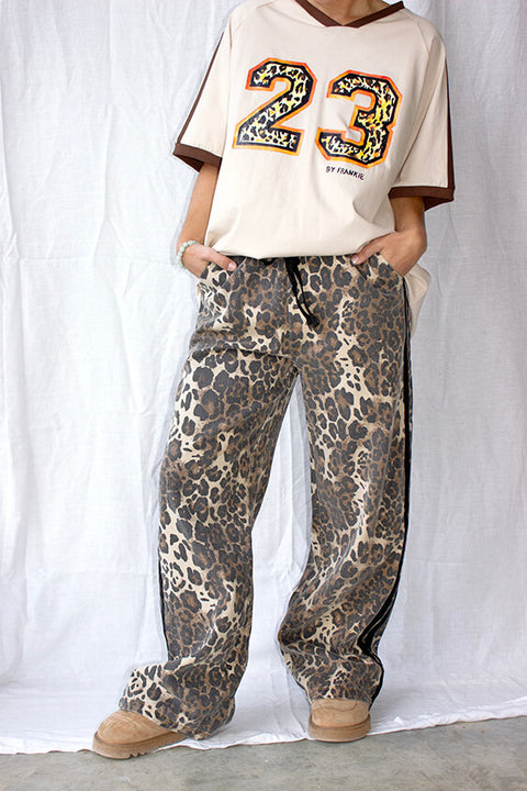 Black Racer Stripe Denim Leopard Pants