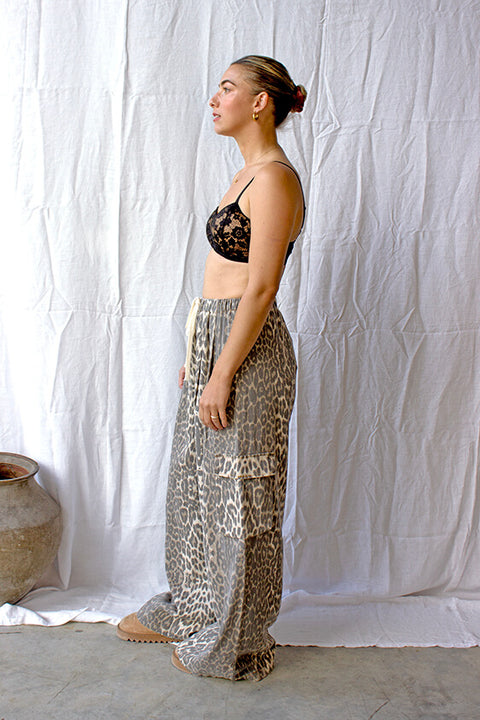 Leopard Denim Cargo Pants - Light Leopard