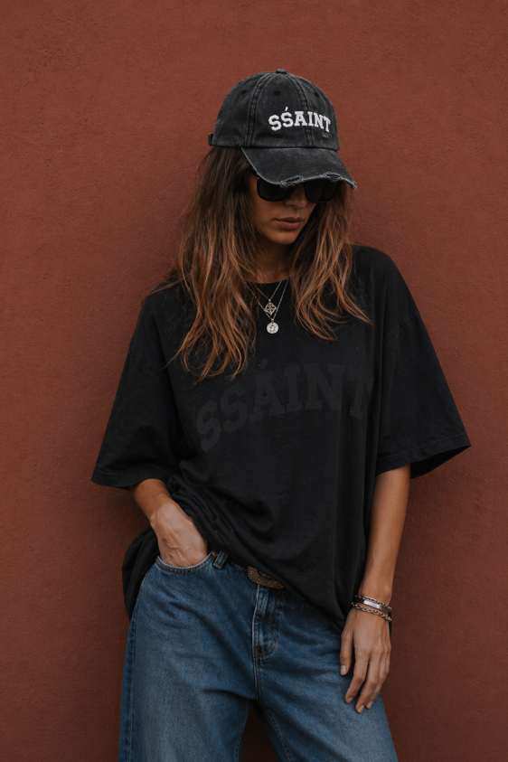 SŚAINT Logo Cap Black & Cream Acid Wash