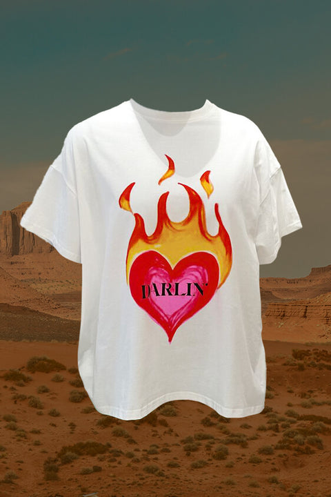 Flaming Darlin Heart Tee - White/Red/Yellow