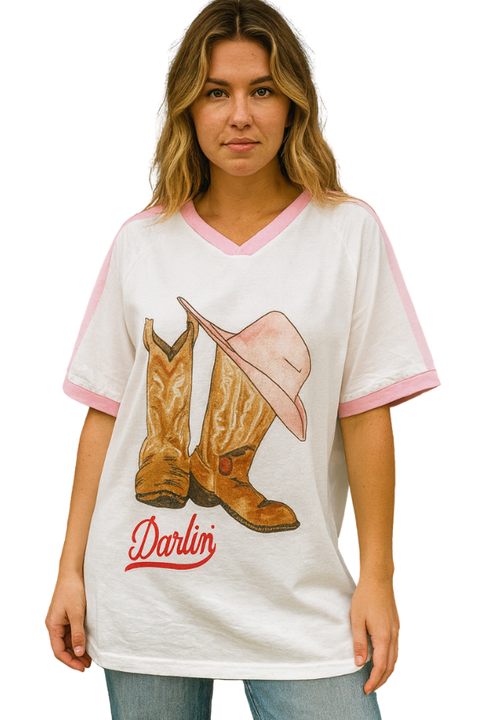 Darlin' V-Neck Tee - White/Pink