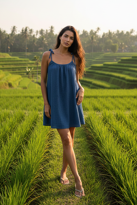 Mischa Tie Mini Dress - Crinkle Denim