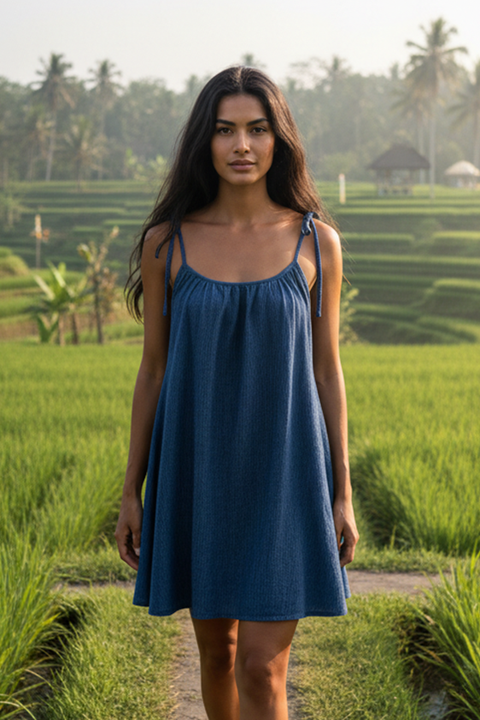 Mischa Tie Mini Dress - Crinkle Denim