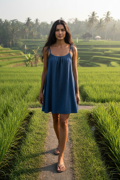 Mischa Tie Mini Dress - Crinkle Denim