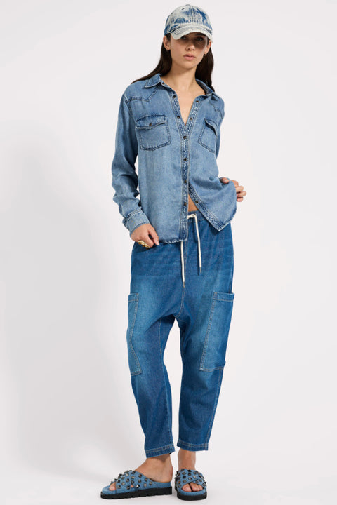 Isla Low Waist Drawstring Denim Harem Jeans - Pasadena Blue