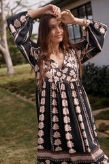 Petalwood Boho Midi Dress - Nightfall Black