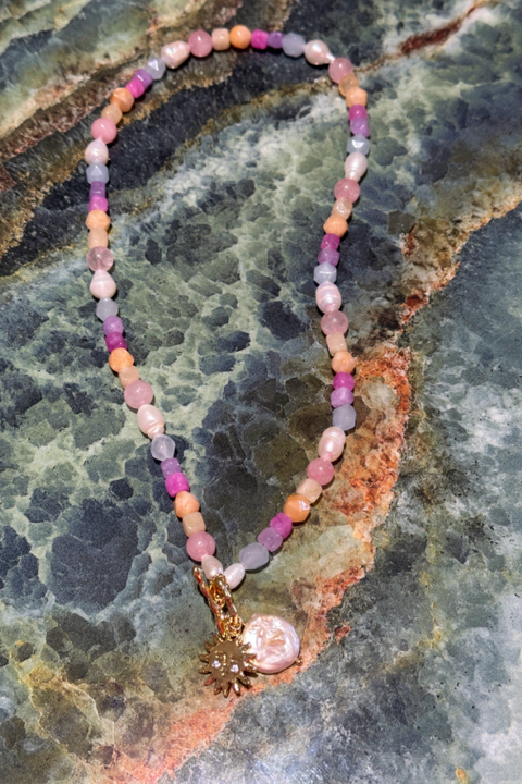 Sherbet Quartz Pearl Sun Fob Necklace