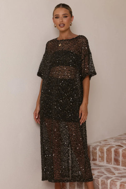 Gilded Hour Maxi Sequin Kaftan - Black