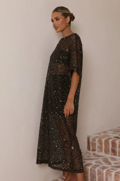 Gilded Hour Maxi Sequin Kaftan - Black