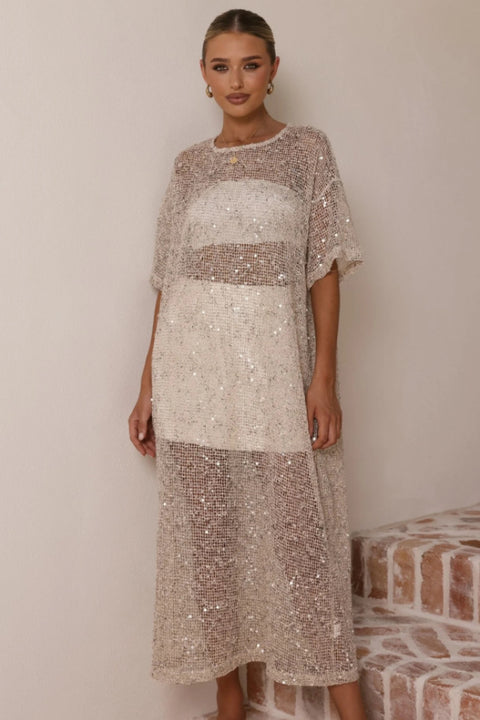 Gilded Hour Maxi Sequin Kaftan - Beige