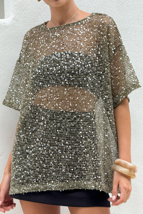 Gilded Hour Mesh Sequin - Khaki